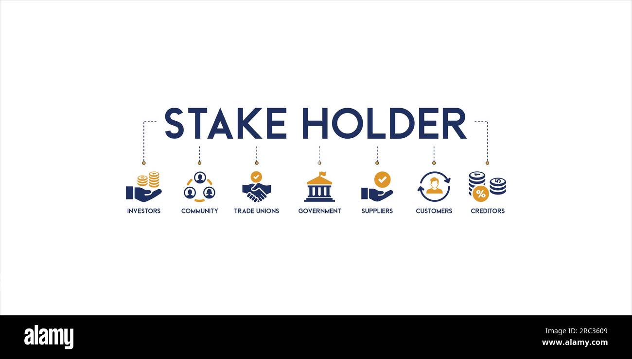 banner di rapporto stakeholder web icona vettore illustrazione concetto per stakeholder, investitore, governo, e creditori con icona di comunità Illustrazione Vettoriale