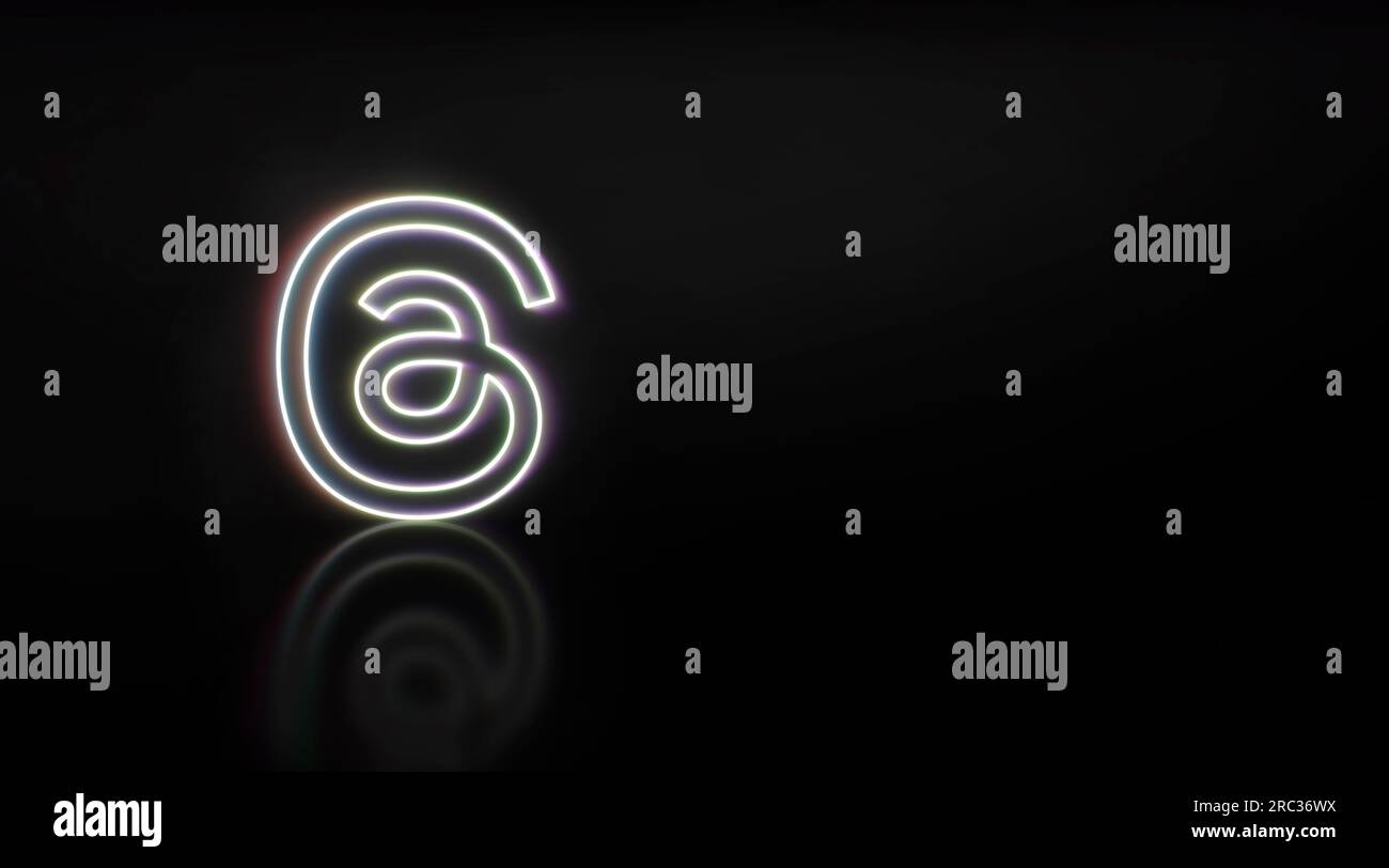 Madrid, Spagna - luglio 2023: Logo Threads in neon con spazio per testo e grafica. Rendering 3D. Foto Stock