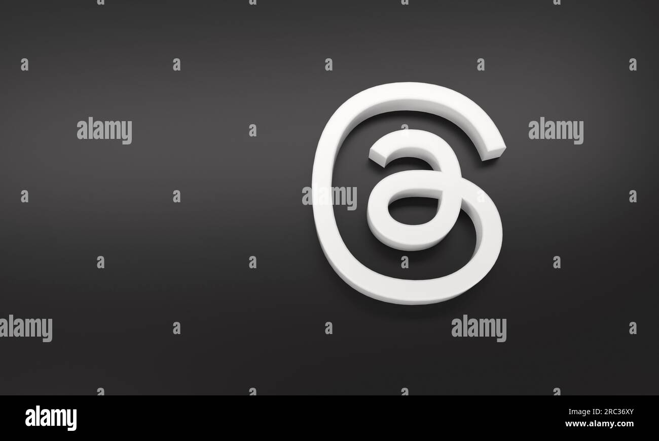 Madrid, Spagna - luglio 2023: Logo Threads con spazio per testo e grafica su sfondo nero. Rendering 3D. Foto Stock