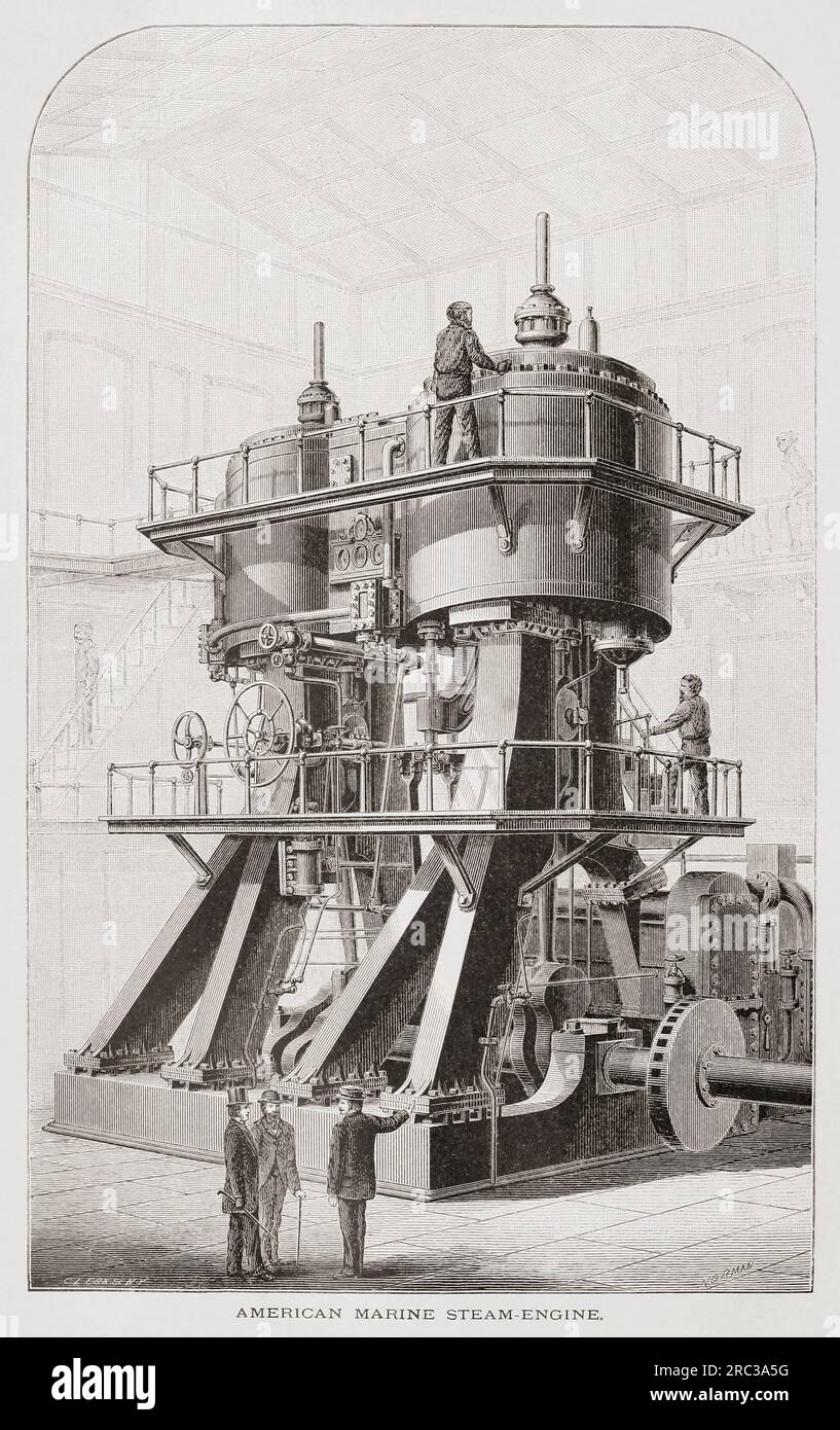 Motore a vapore marino americano del XIX secolo usato nelle navi oceaniche. Dopo un'illustrazione in Appletons' Cyclopedia of Applied Mechanics, pubblicato nel 1880. Foto Stock