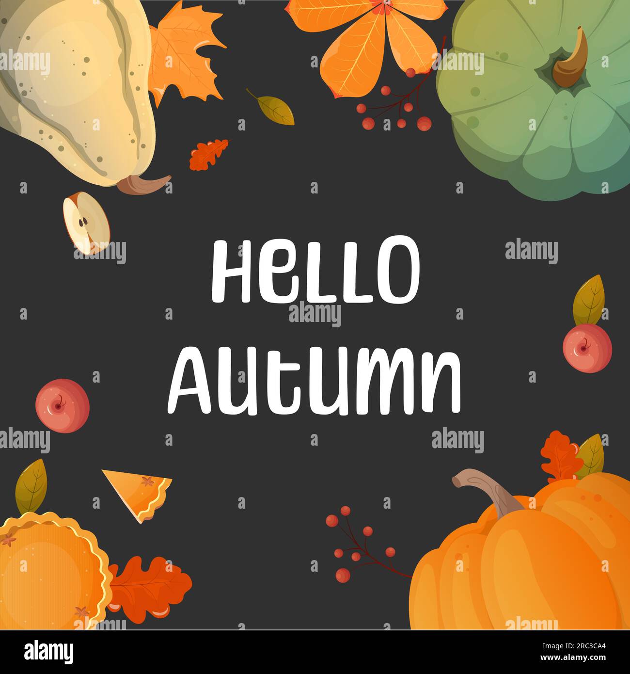 Ciao Autumn. Insieme vettoriale di elementi sfondo. Zucca, mela, torta. Illustrazione Vettoriale