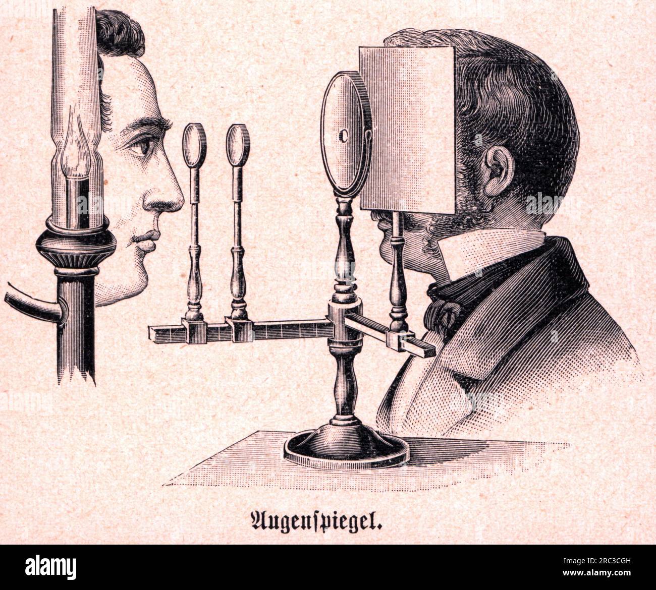 Medicina, oftalmologia, oftalmoscopio, dopo Hermann von Helmholtz, 1850 / 1851, incisione su legno, COPYRIGHT DELL'ARTISTA NON DEVE ESSERE CANCELLATO Foto Stock