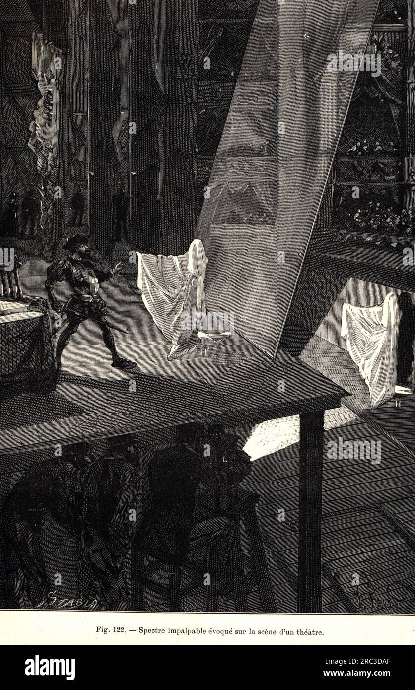 teatro/teatro, palcoscenico, ingresso di un fantasma attraverso un riflesso di luce, incisione in legno, fine XIX secolo, IL COPYRIGHT DELL'ARTISTA NON DEVE ESSERE CANCELLATO Foto Stock