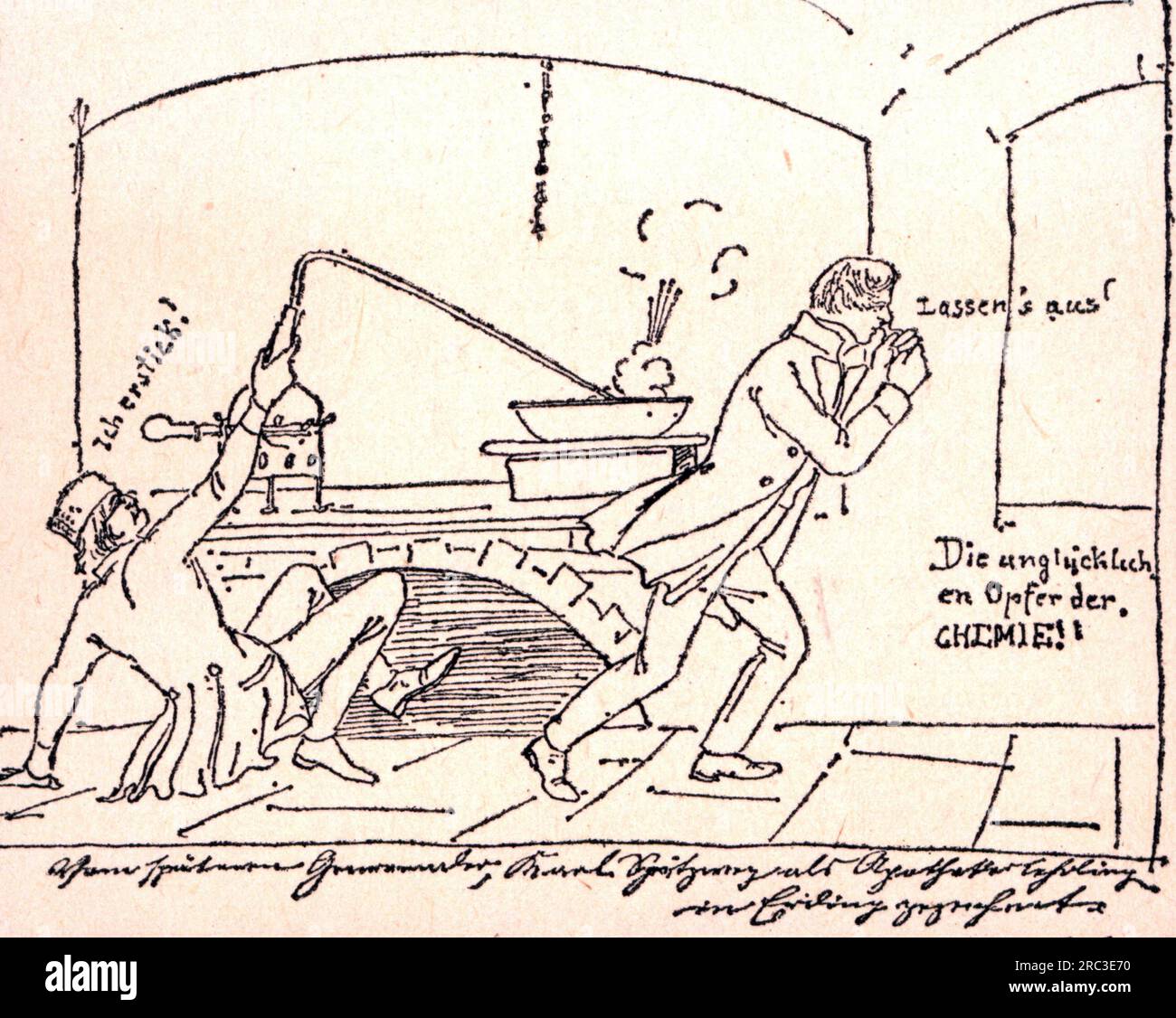 Scienza, chimica, caricatura, le sfortunate vittime della chimica, disegno di Carl Spitzweg, IL COPYRIGHT DELL'ARTISTA NON DEVE ESSERE CANCELLATO Foto Stock