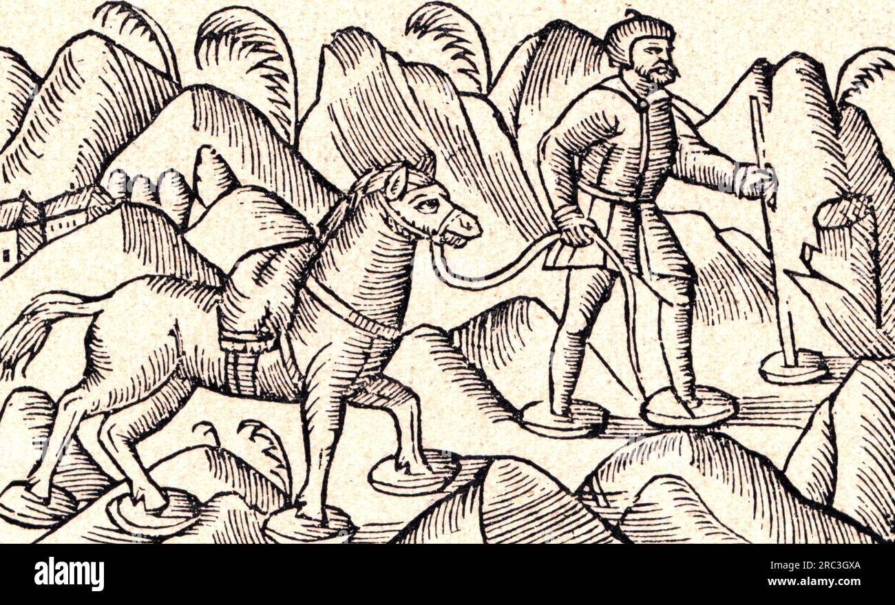 Turismo, viaggi, un viaggiatore svedese sta attraversando le montagne con le racchette da neve, tagliatelle di legno, INFORMAZIONI-AUTORIZZAZIONE-AGGIUNTIVE-NON-DISPONIBILI Foto Stock