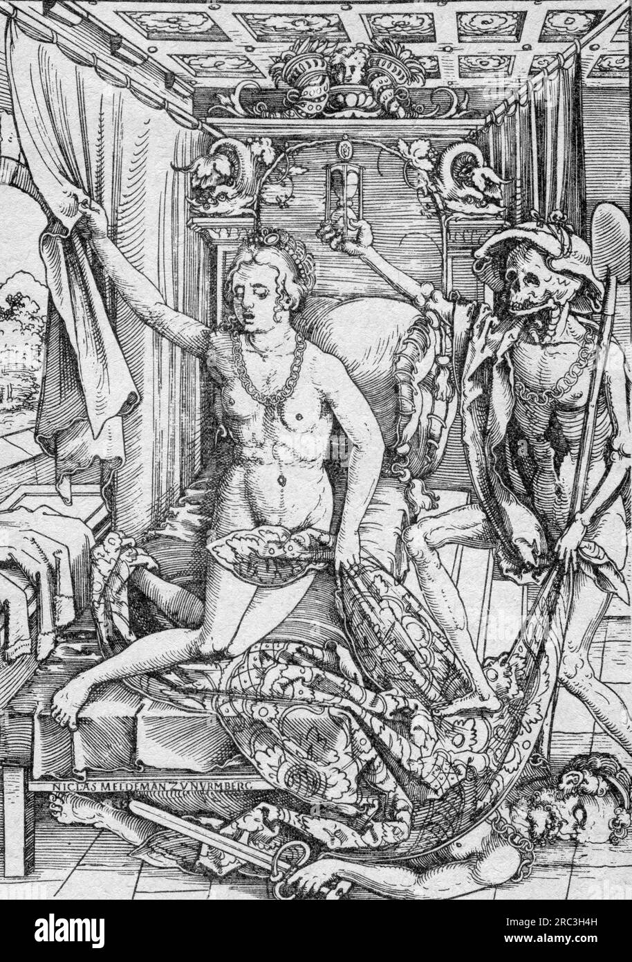 Morte, 'amanti e morte', incisione in rame, di Hans Sebald Beham (1500 - 1550), volantino, dettaglio, 1530, IL COPYRIGHT DELL'ARTISTA NON DEVE ESSERE CANCELLATO Foto Stock