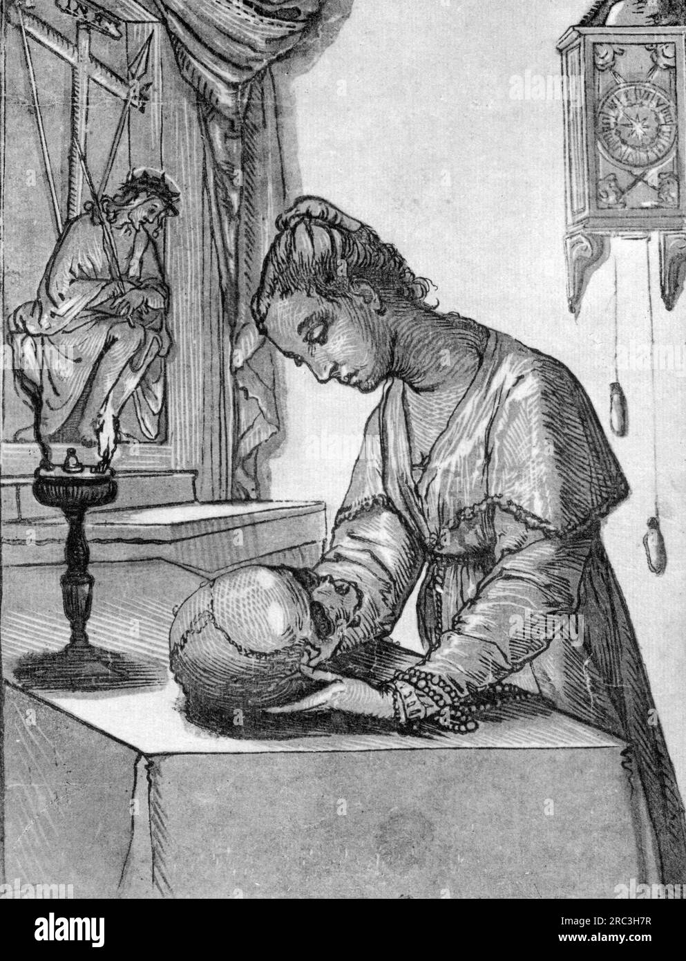 Morte, memento mori, donna che meditava con il cranio, adattato da Alessandro Casolani, taglio su legno, COPYRIGHT DELL'ARTISTA NON DEVE ESSERE CANCELLATO Foto Stock