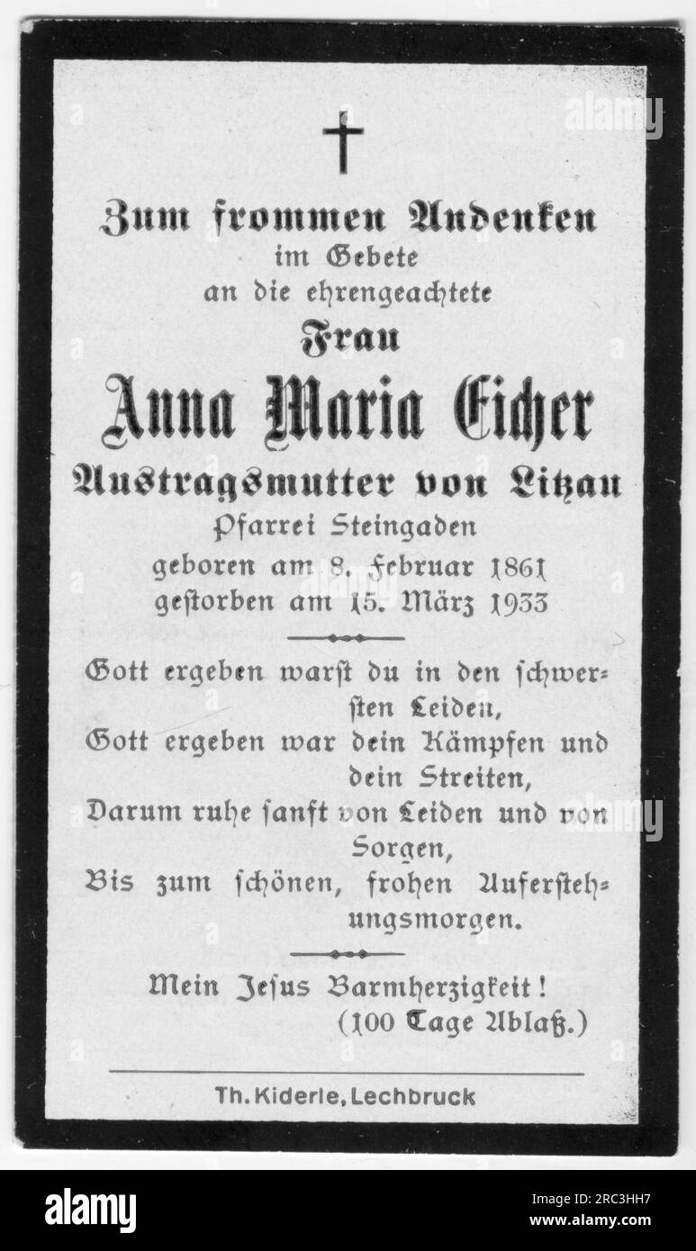 Morte, pratiche mortuarie, in scheda memoriam per Anna Maria Eicher, Obverse, Steingaden, 15.3,1933, Il COPYRIGHT DELL'ARTISTA NON DEVE ESSERE CANCELLATO Foto Stock