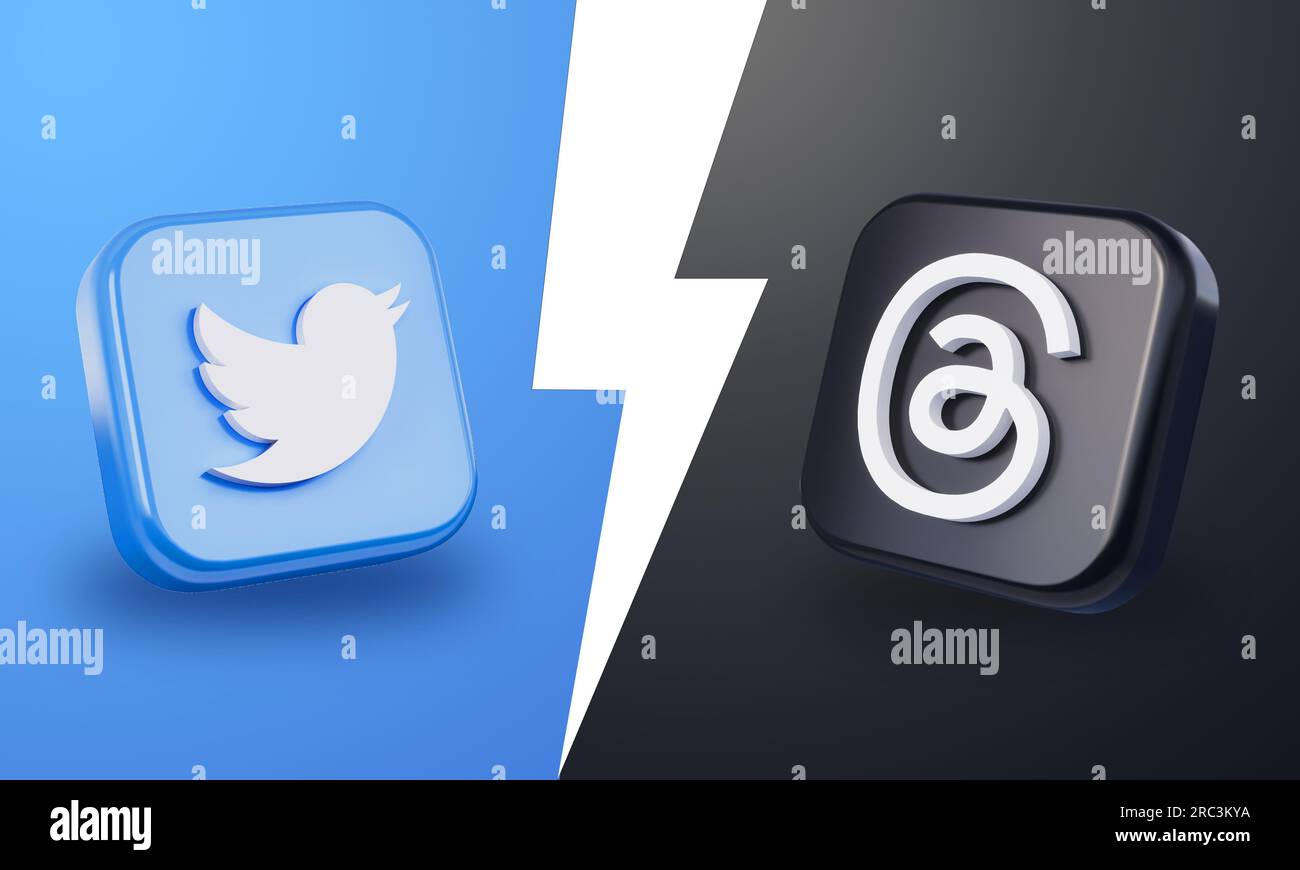 Pune, India, 12 luglio 2023 - thread rispetto alle icone delle app Twitter faccia a faccia in illustrazione 3D. Threads è una nuova app di social media di Instagram e Meta Foto Stock