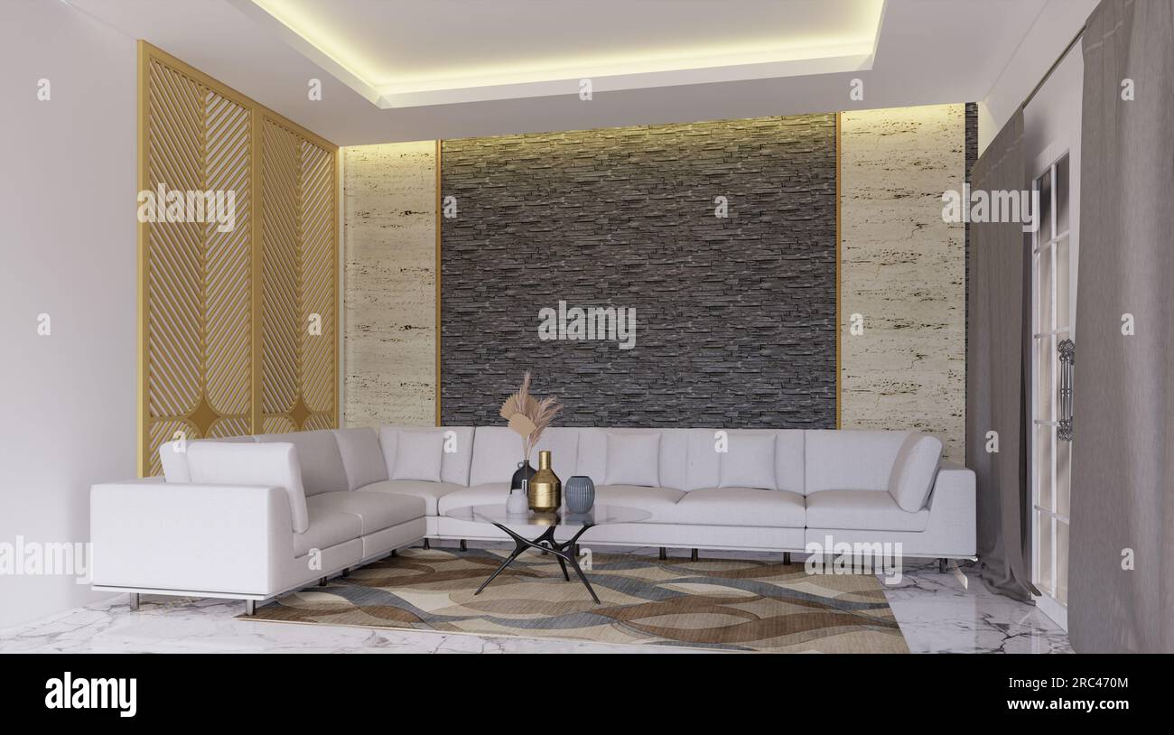 design del soggiorno con pannello a parete in pietra naturale Foto Stock