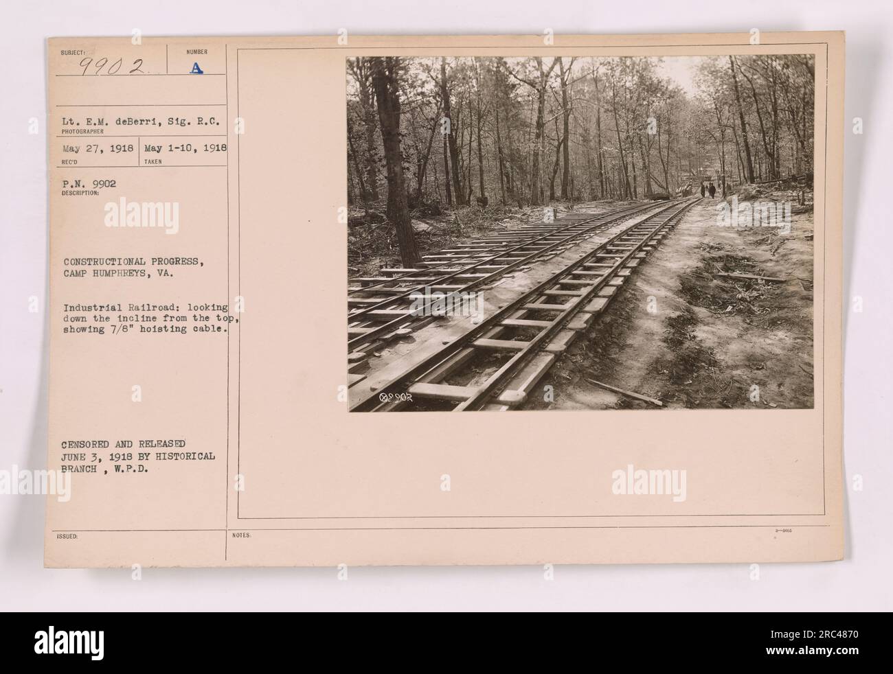 Progressi costruttivi a Camp Humphreys, Virginia. Questa foto mostra la vista su un pendio, che mostra un cavo di sollevamento da 7/8' utilizzato nella ferrovia industriale. Preso dal tenente E.M. deBerri, Sig. R.C. il 27 maggio 1918. Censurato e pubblicato da The Historical Branch, W.P.D. il 3 giugno 1918. Foto Stock