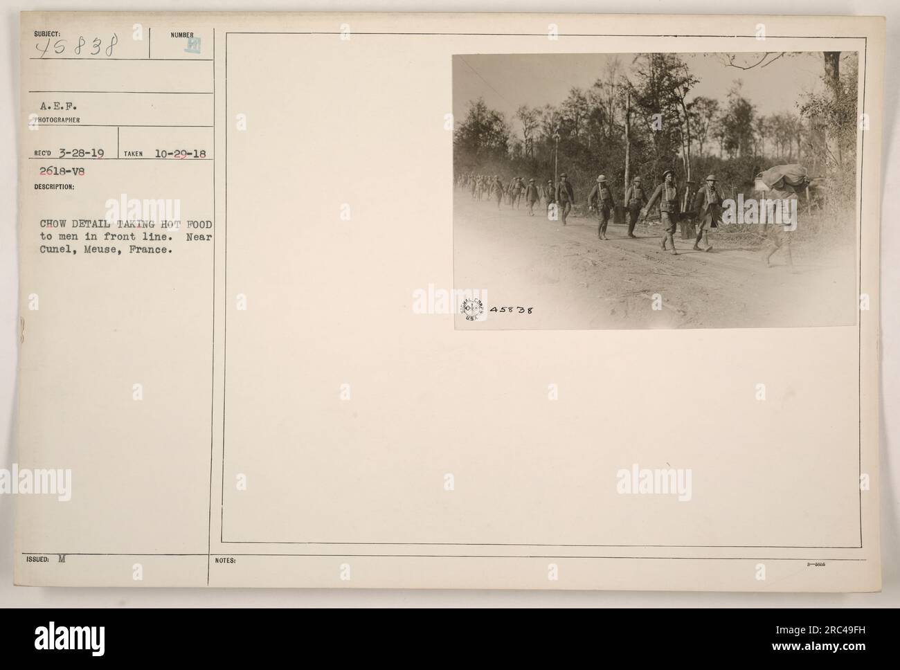 In questa foto si vede un dettaglio di chow che porta cibo caldo agli uomini in prima linea vicino Cunel, Mosa, Francia. La foto è stata scattata il 29 ottobre 1918 da un fotografo della A.E.P. identificato come RECO. La descrizione e il numero di identificazione forniti sono coerenti con l'immagine. Foto Stock