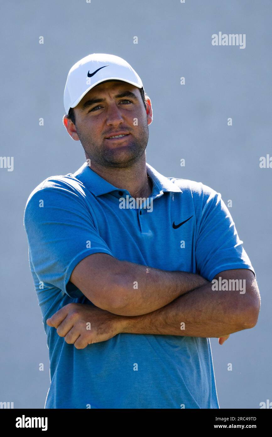 North Berwick, East Lothian, Scozia, Regno Unito. 12 luglio 2023. Scottie Scheffler al Genesis Scottish Open al Renaissance Club di North Berwick. Iain Masterton/Alamy Live News Foto Stock
