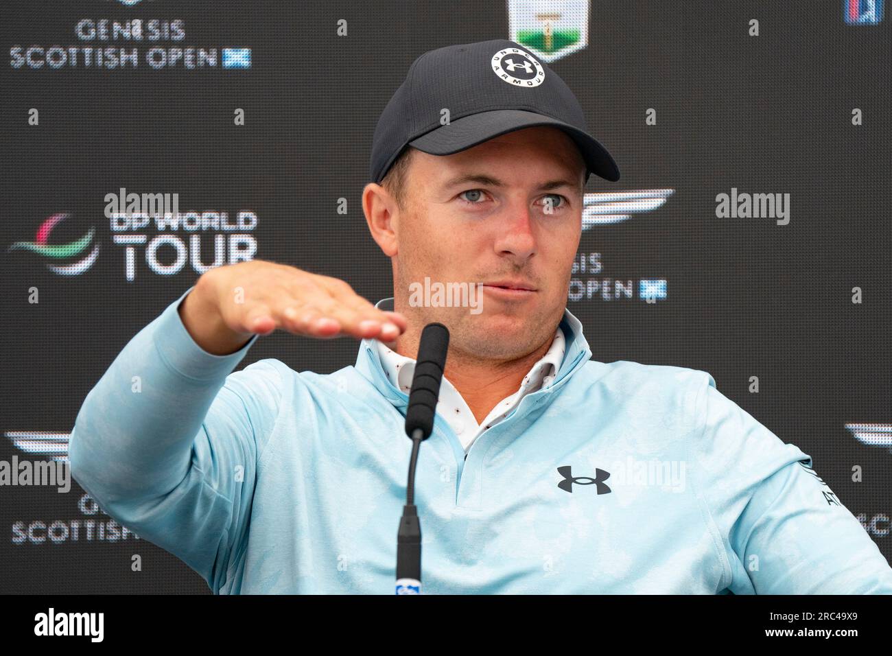 North Berwick, East Lothian, Scozia, Regno Unito. 12 luglio 2023. Jordan Spieth tiene un'intervista alla conferenza stampa al Genesis Scottish Open al Renaissance Club di North Berwick. Iain Masterton/Alamy Live News Foto Stock