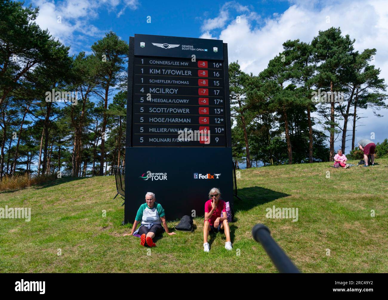 North Berwick, East Lothian, Scozia, Regno Unito. 12 luglio 2023. Tabellone segnapunti per il torneo Pro Am al Genesis Scottish Open al Renaissance Club di North Berwick. Iain Masterton/Alamy Live News Foto Stock