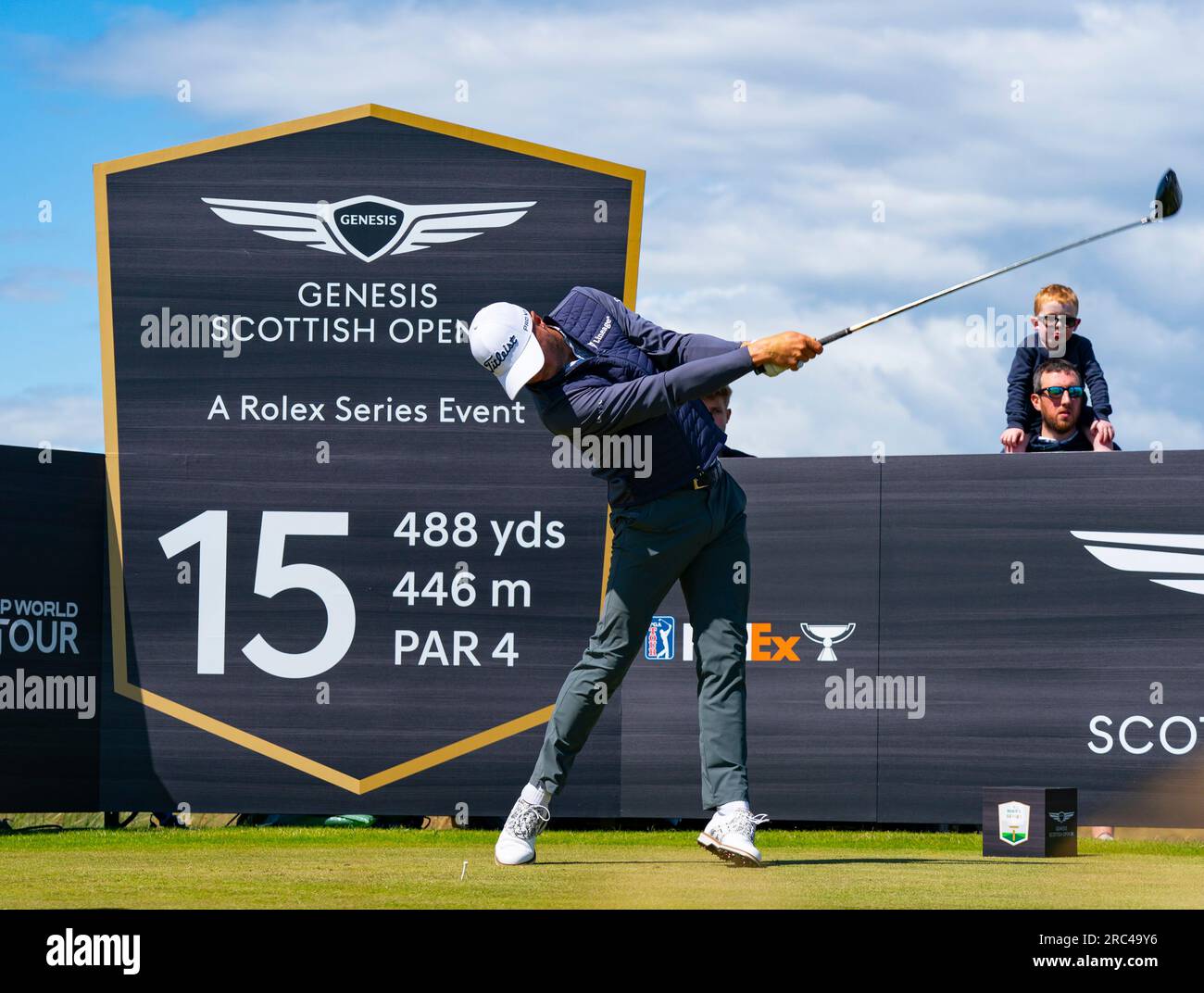 North Berwick, East Lothian, Scozia, Regno Unito. 12 luglio 2023. Justin Thomas guida il quindicesimo tee al Genesis Scottish Open al Renaissance Club di North Berwick. Iain Masterton/Alamy Live News Foto Stock