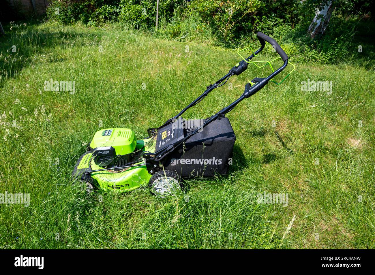 Un rasaerba Greenworks che taglia un prato in erba dopo che non è stato tagliato può quando l'erba è lunga. Foto Stock
