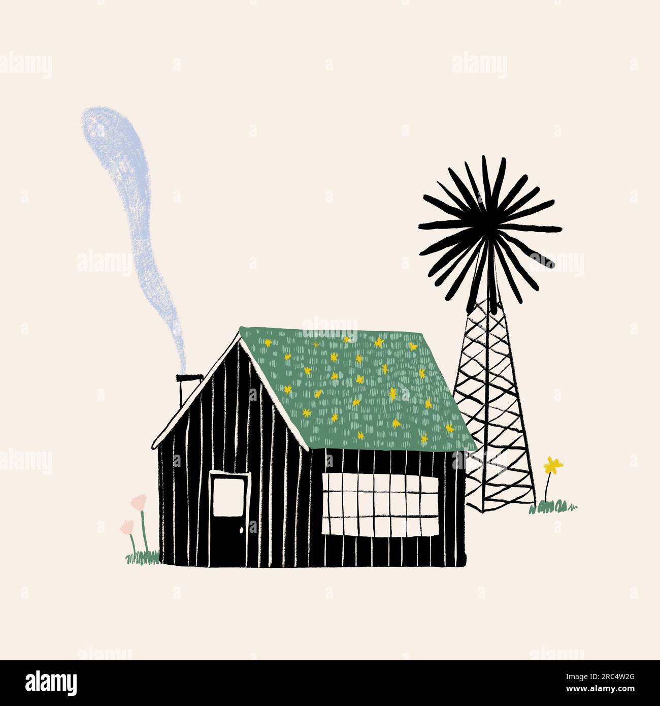 Illustrazione vettoriale di casa in legno con camino e mulino a vento con erba e fiori su sfondo bianco Foto Stock