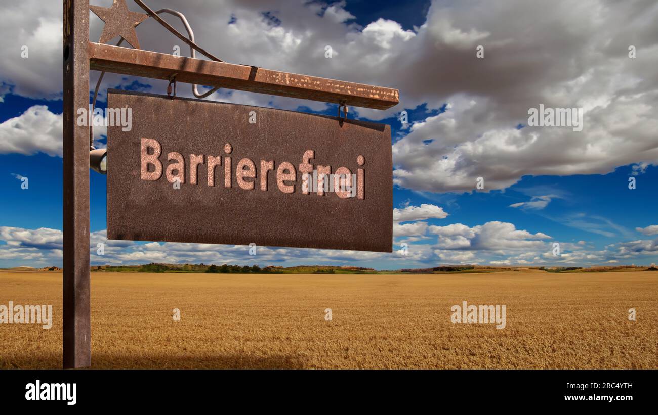 l'immagine mostra un cartello e un cartello che puntano in direzione di "senza barriere" in tedesco Foto Stock