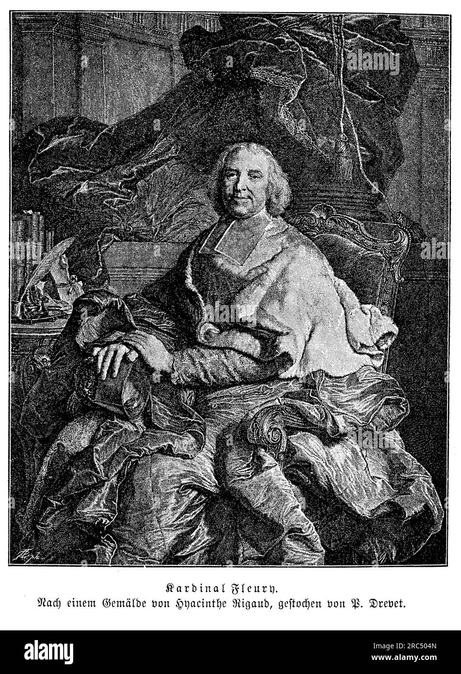 Andre-Hercule de Fleury, comunemente noto come Cardinal Fleury, è stato un cardinale e statista francese che ha servito come primo ministro del re Luigi XV dal 1726 al 1743. Fleury era un consigliere fidato del giovane re, e lavorò per ripristinare la stabilità e l'ordine in Francia dopo le turbolenze finanziarie e politiche dell'inizio del XVIII secolo. Durante il suo mandato, Fleury attuò una serie di importanti riforme, tra cui la creazione di una forza di polizia nazionale e il miglioramento della marina francese. Lavorò anche per mantenere la pace in Europa ed evitare costose guerre straniere. Foto Stock
