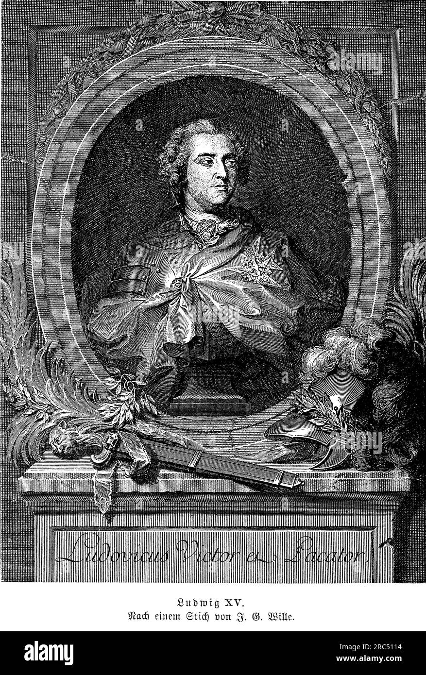 Ritratto di Luigi XV re di Francia dal 1715 fino alla sua morte nel 1774, rendendolo uno dei monarchi più longevi della storia europea. Succedette al suo bisnonno, Luigi XIV, all'età di cinque anni, e durante il suo regno la Francia sperimentò significativi cambiamenti culturali, economici e politici. Luigi XV è spesso associato al declino della monarchia francese, in quanto il suo regno fu segnato da numerose sconfitte militari, crisi finanziarie e disordini sociali. Nonostante queste sfide, Luigi XV era un mecenate delle arti e un amante della musica, e sostenne lo sviluppo della cultura francese Foto Stock
