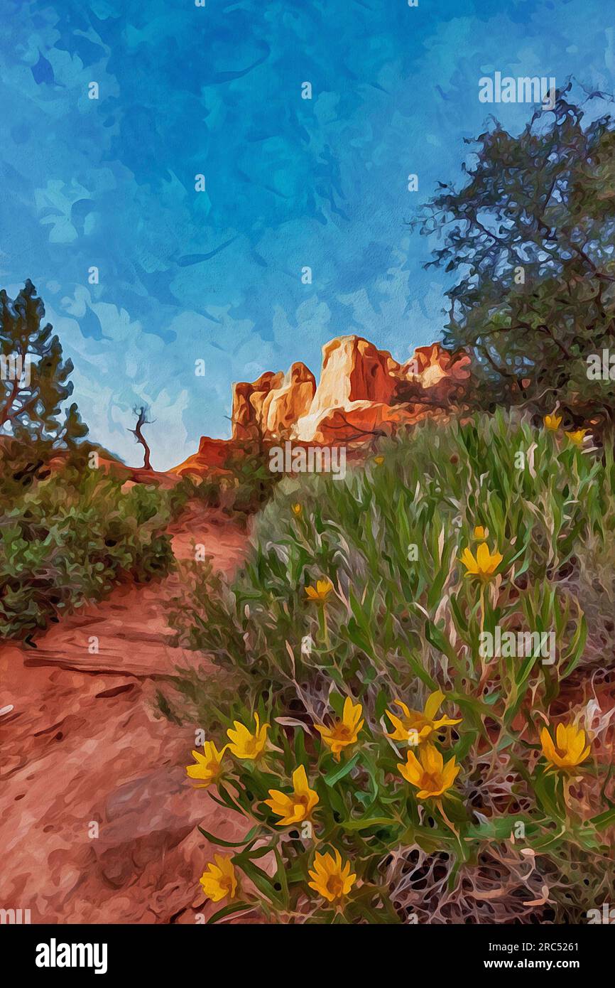 Pittura ad acquerello creata digitalmente del percorso escursionistico di Broadway nel Parco Nazionale degli Arches con aster dorato Foto Stock