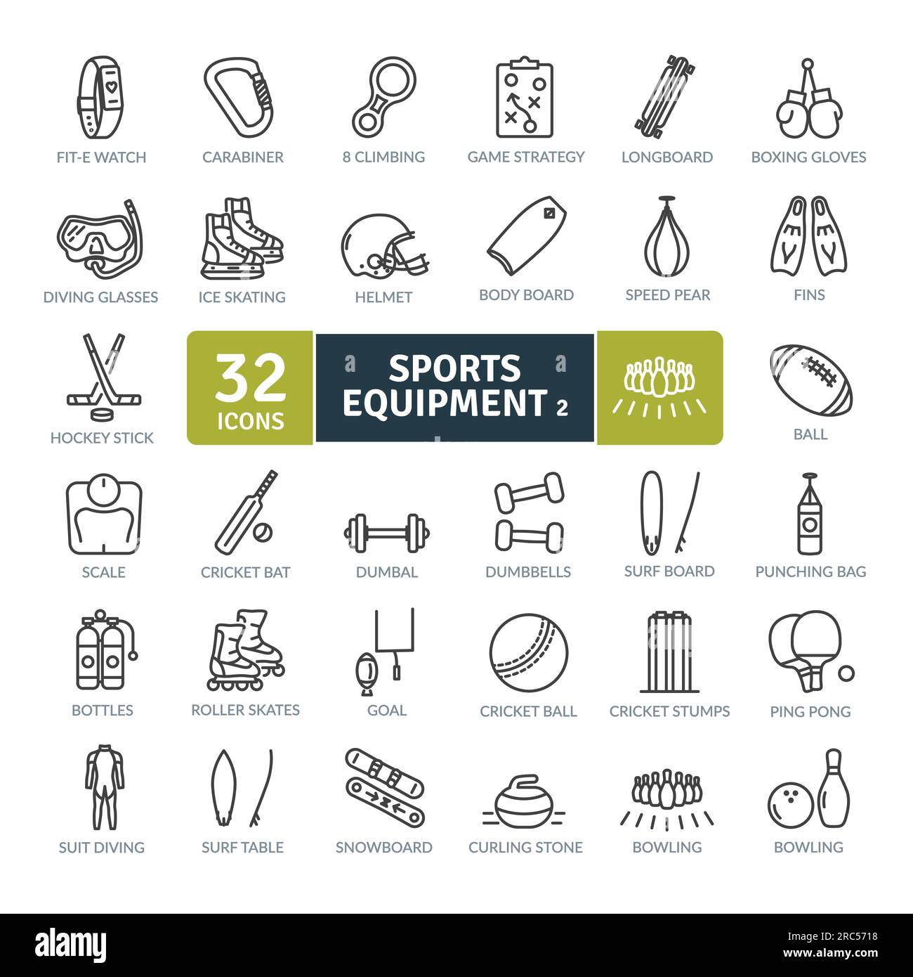 Pacchetto icone attrezzature sportive. Set di icone a linea sottile. Semplici icone vettoriali Illustrazione Vettoriale