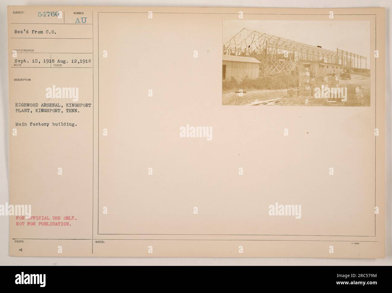 Edgewood Arsenal allo stabilimento Kingsport di Kingsport, Tennessee. Questa fotografia raffigura l'edificio principale della fabbrica. L'immagine è stata scattata il 12 agosto 1918. È contrassegnato come classificato - solo per uso ufficiale e non destinato alla pubblicazione. Foto Stock