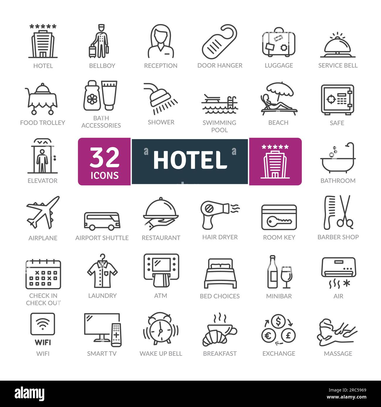 Pacchetto icone per hotel e servizi di alloggio. Set di icone a linea sottile. Semplici icone vettoriali Illustrazione Vettoriale