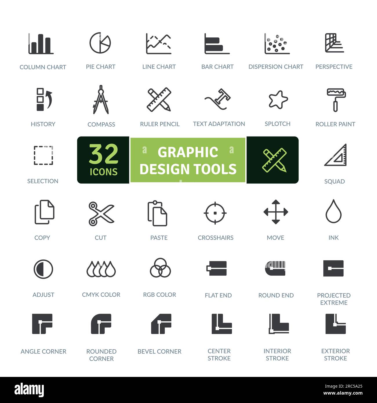 Pacchetto icone di strumenti di progettazione grafica per esprimere la tua creatività digitale. Set di icone a linea sottile. Semplici icone vettoriali Illustrazione Vettoriale