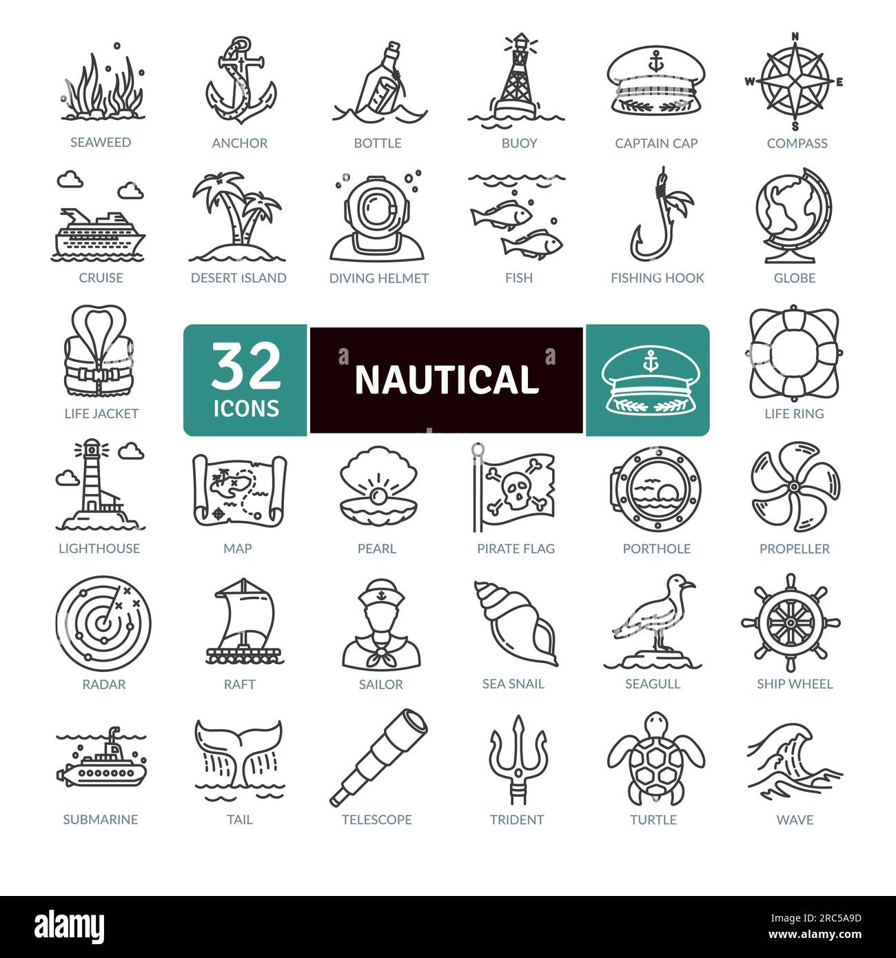 Pacchetto icone nautiche e oceaniche. Collezione di icone a linea sottile. Set di icone Web di contorno Illustrazione Vettoriale