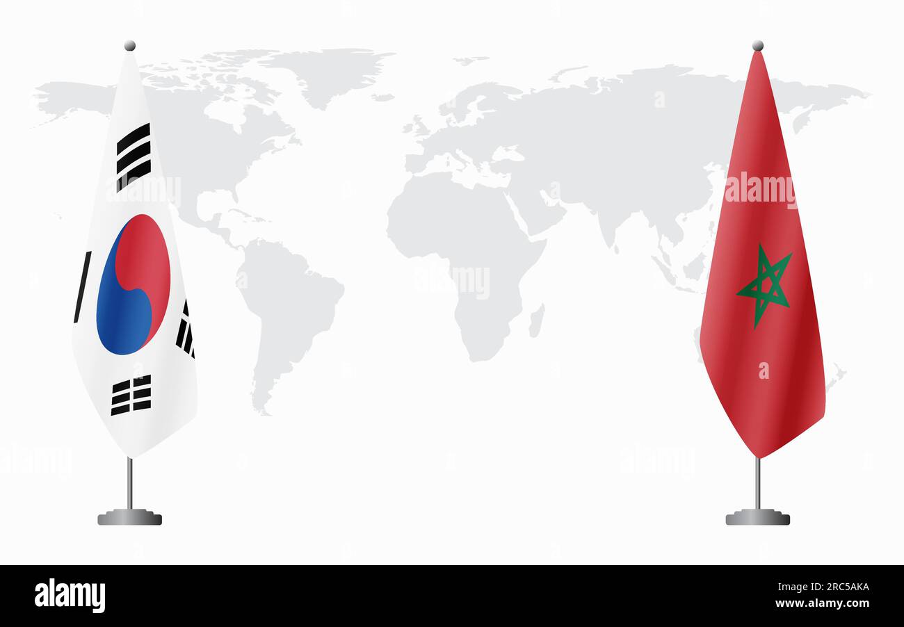 Bandiere della Corea del Sud e del Marocco per un incontro ufficiale sullo sfondo della mappa mondiale. Illustrazione Vettoriale