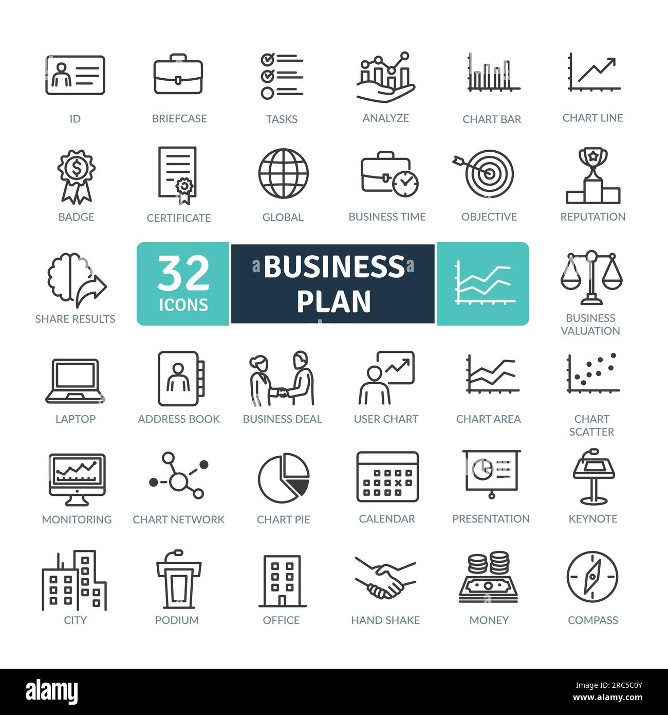 Pacchetto icone Business Plan. Set di icone con linee sottili. Icone vettoriali semplici Illustrazione Vettoriale