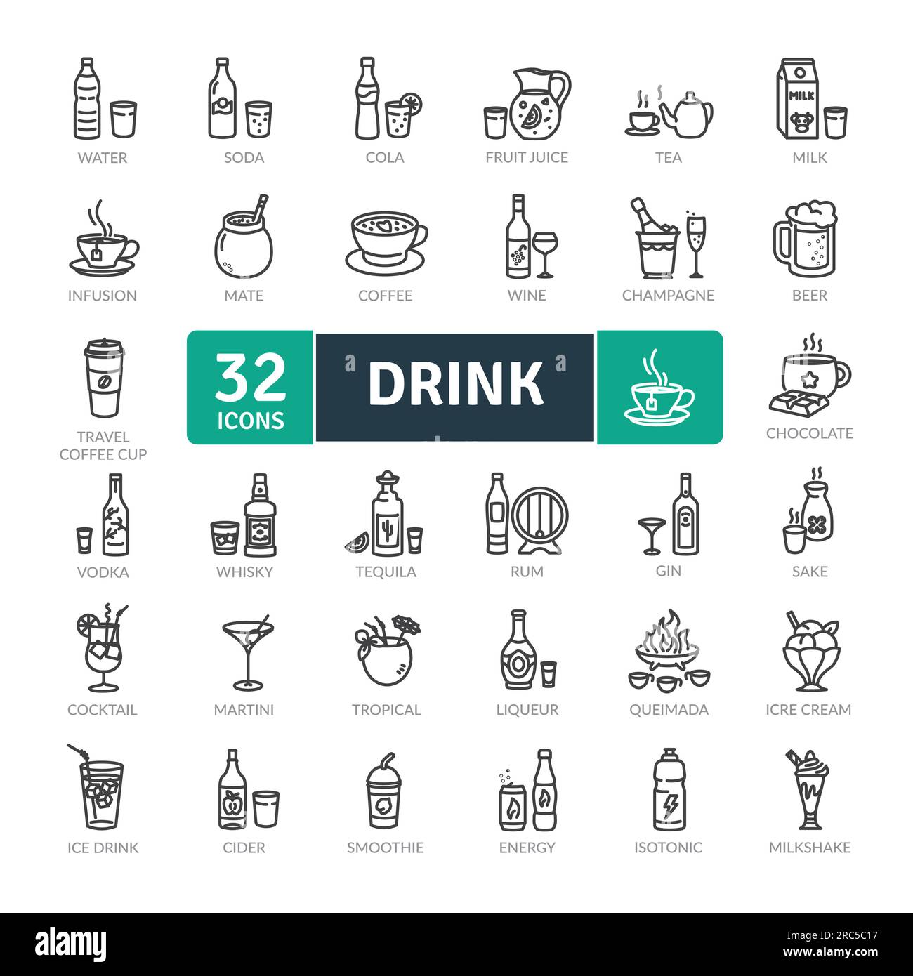 Bevande alcoliche, energetiche e spiritose. Tipi di bevande. Icone vettoriali impostate. Illustrazione Vettoriale