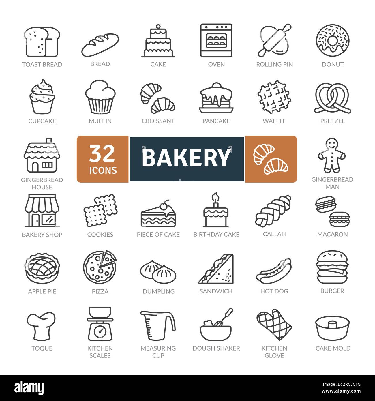 Pacchetto icone panetteria. Set di icone con linee sottili. Icone vettoriali semplici Illustrazione Vettoriale