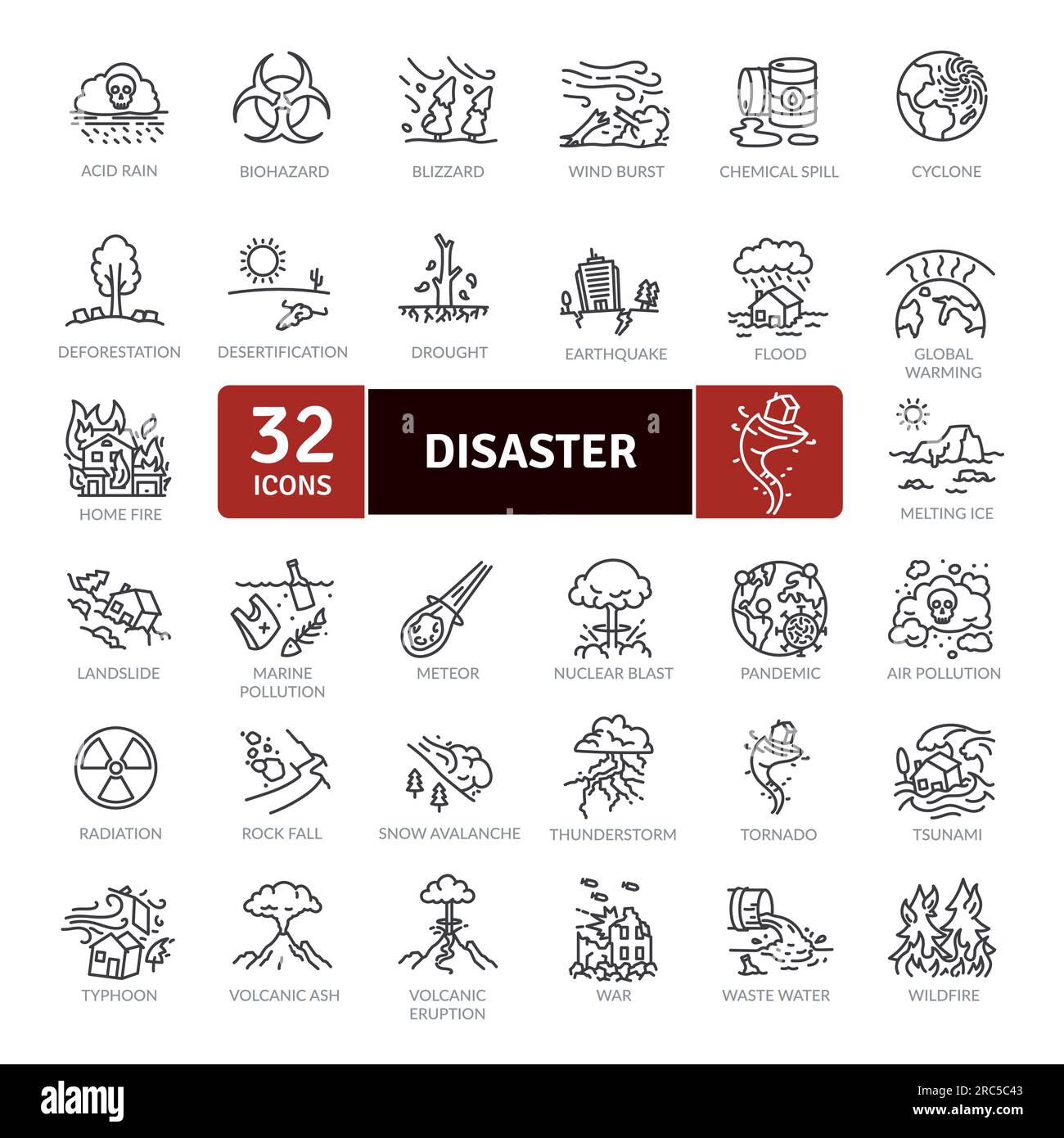 Pacchetto icone Disaster. Raccolta di icone di linee sottili correlate a diversi disastri Illustrazione Vettoriale