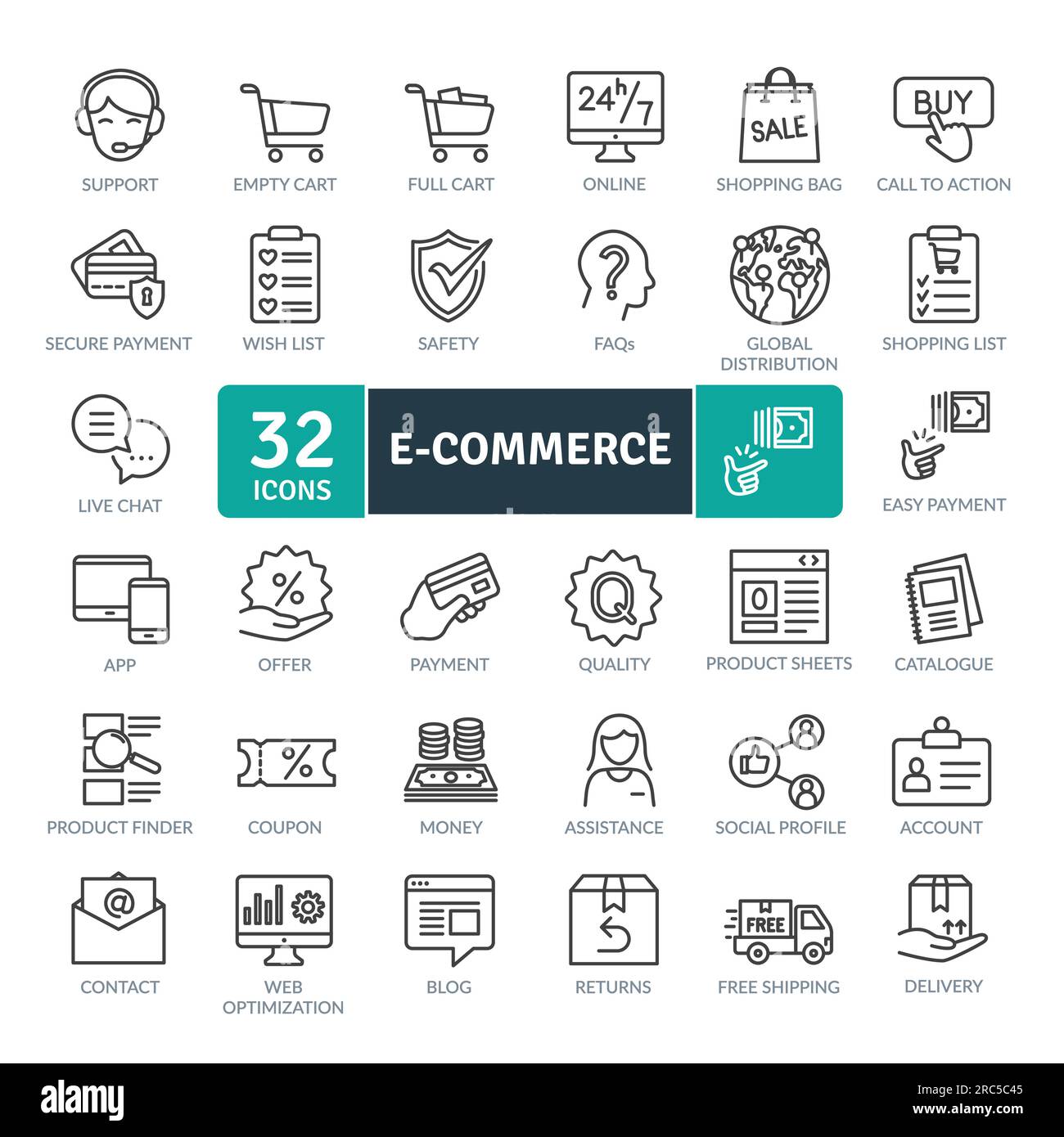 Pacchetto icone e-commerce. Attività commerciali Thin Line e vettoriali Illustrazione Vettoriale