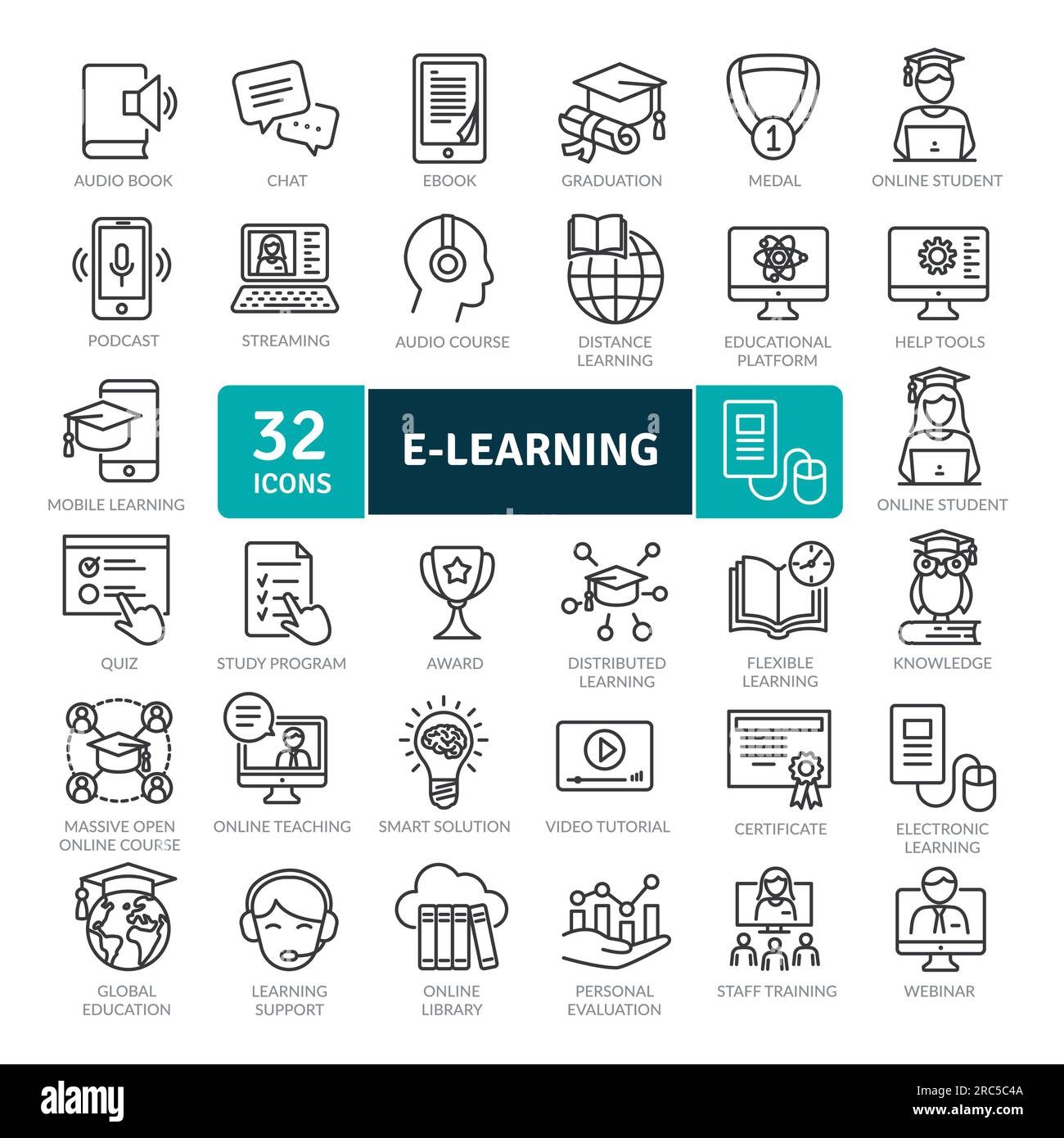 Pacchetto icone di apprendimento elettronico. Set di icone a linea sottile. Set di raccolta per l'apprendimento a distanza. Semplici icone vettoriali Illustrazione Vettoriale