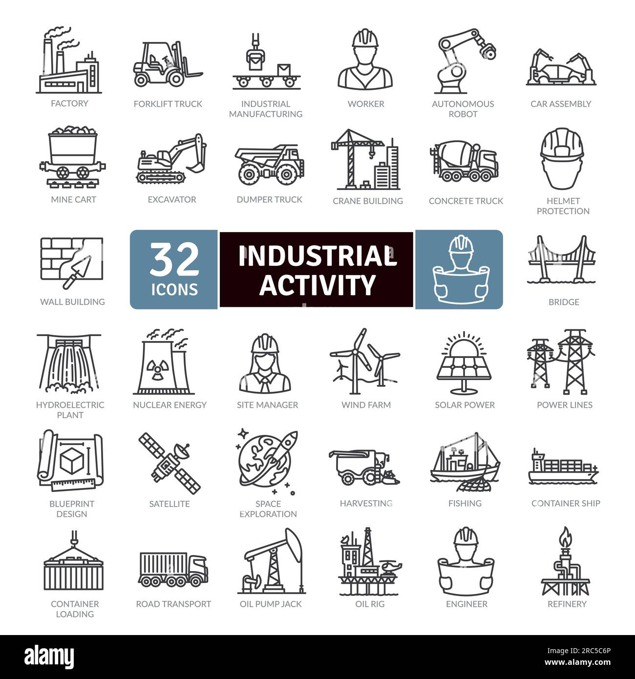 Pacchetto icone attività industriale. Icone della tecnologia Smart Thin Line Collection Illustrazione Vettoriale