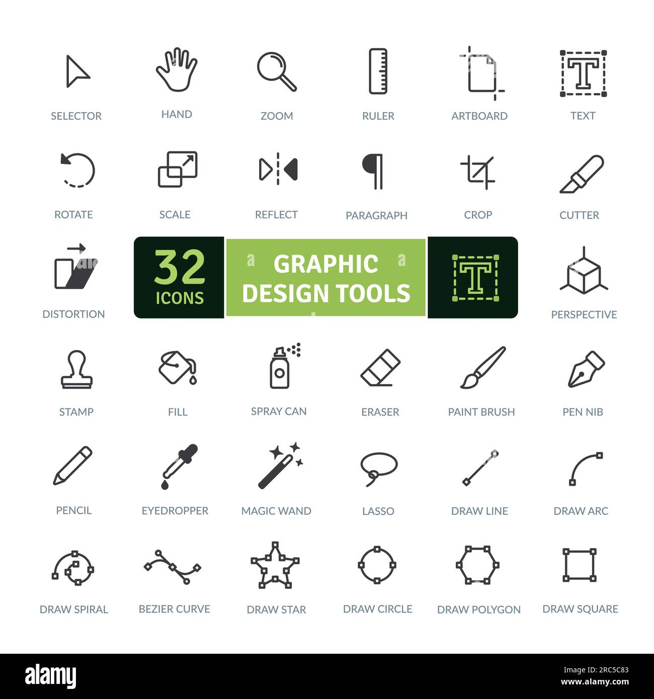 Pacchetto icone di strumenti di progettazione grafica per esprimere la tua creatività digitale. Set di icone a linea sottile. Semplici icone vettoriali Illustrazione Vettoriale