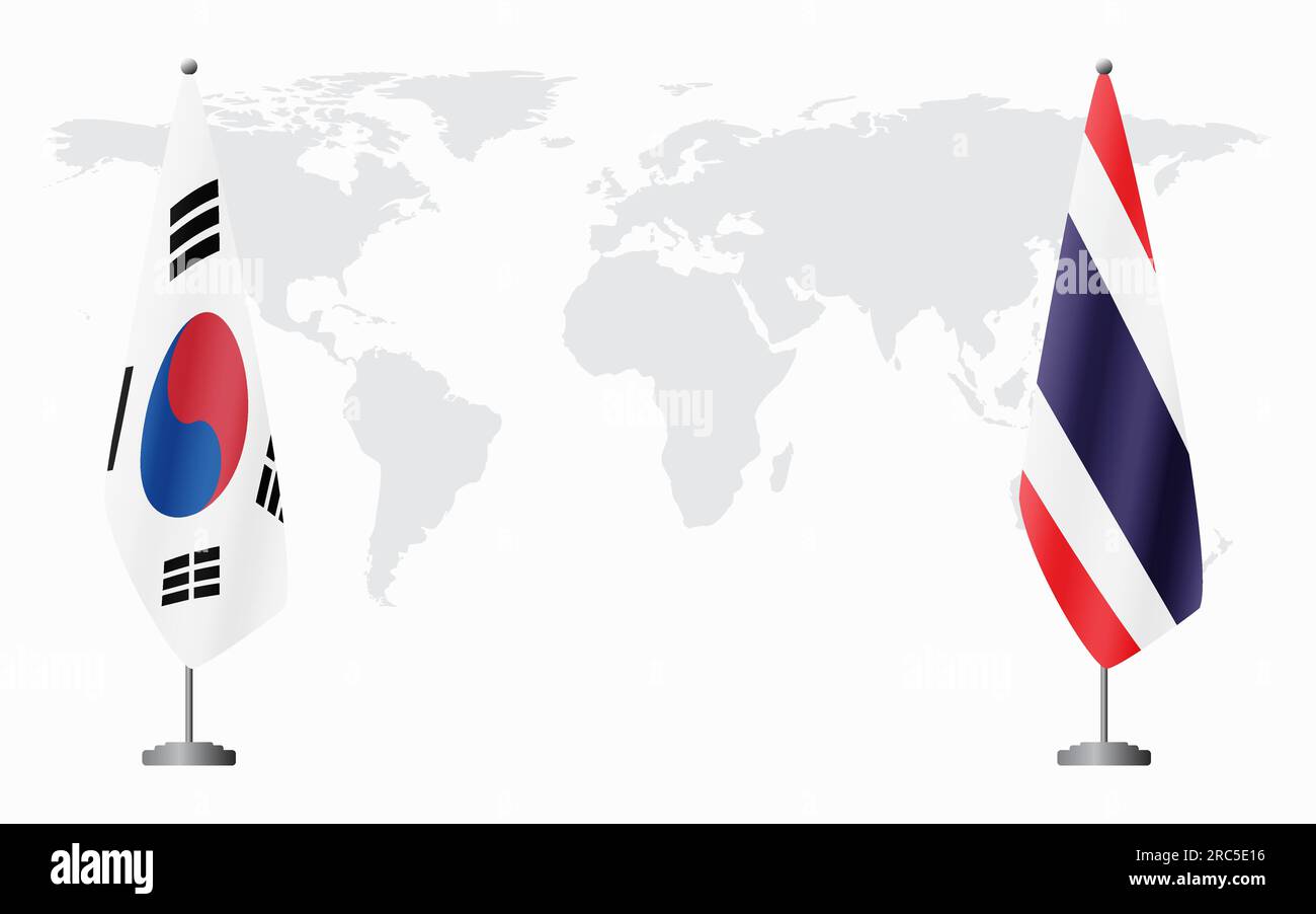 Bandiere della Corea del Sud e della Thailandia per un incontro ufficiale sullo sfondo della mappa mondiale. Illustrazione Vettoriale