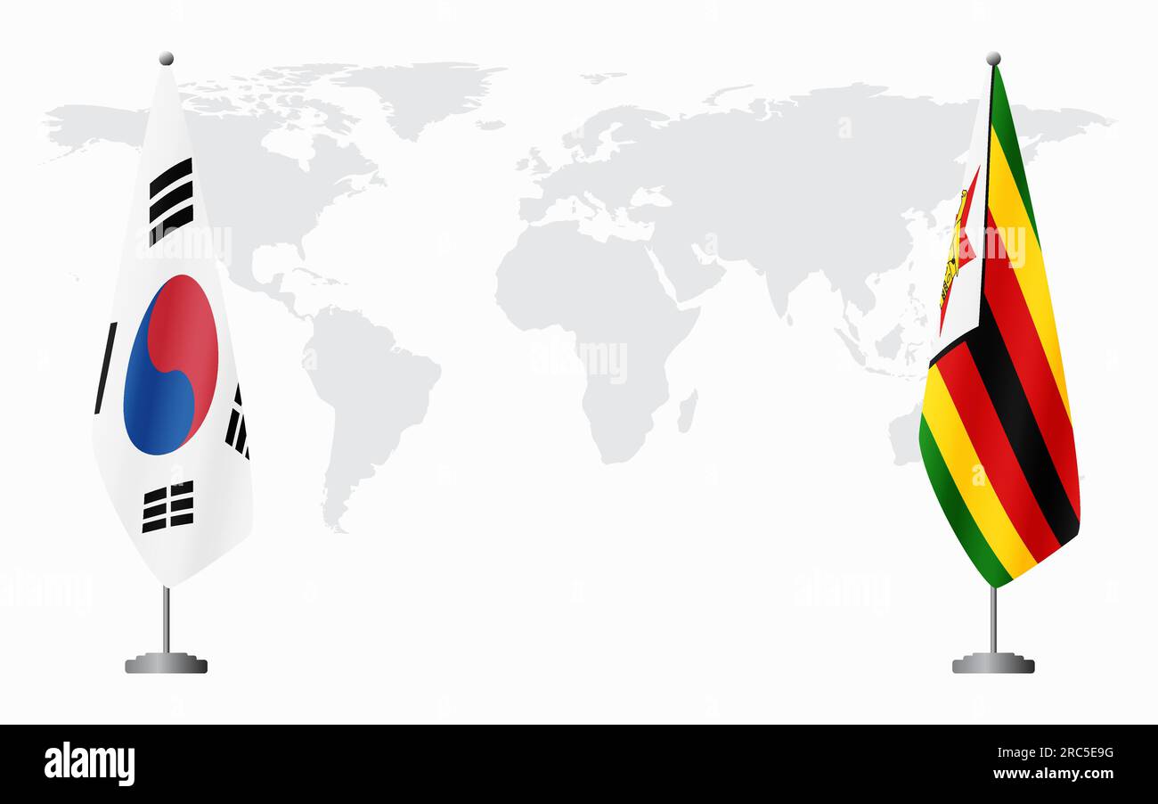 Bandiere della Corea del Sud e dello Zimbabwe per un incontro ufficiale sullo sfondo della mappa mondiale. Illustrazione Vettoriale