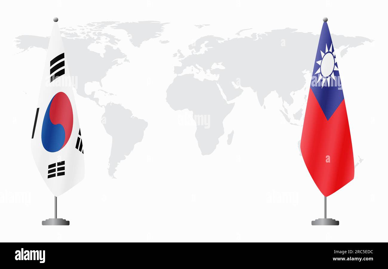 Bandiere della Corea del Sud e di Taiwan per riunioni ufficiali sullo sfondo della mappa mondiale. Illustrazione Vettoriale