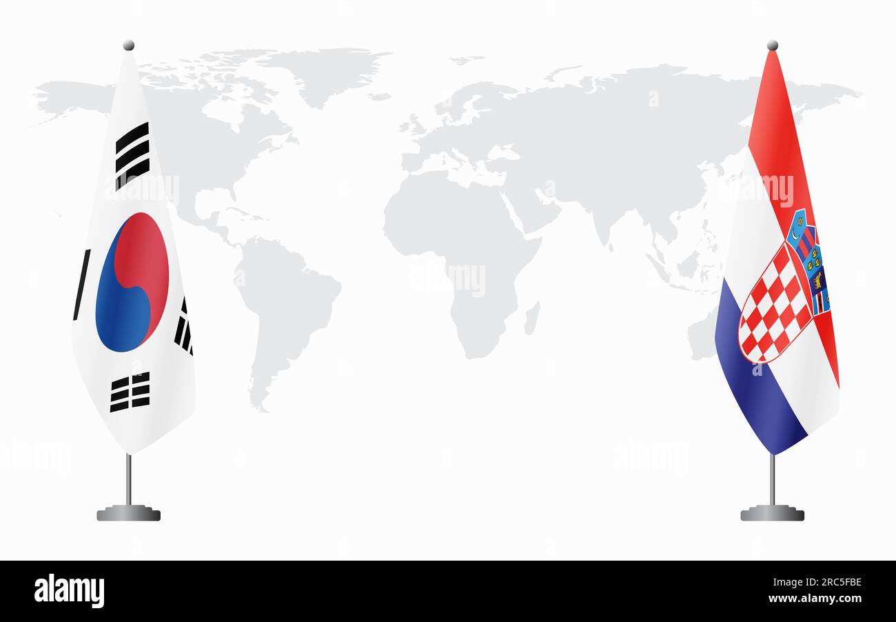 Corea del Sud e Croazia bandiere per un incontro ufficiale sullo sfondo della mappa mondiale. Illustrazione Vettoriale