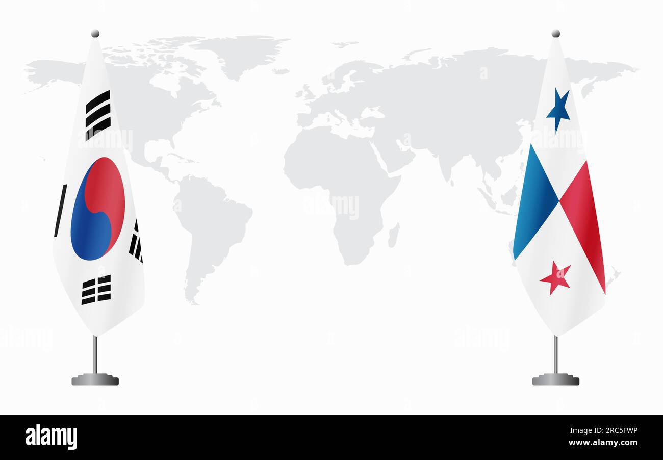 Bandiere della Corea del Sud e di Panama per un incontro ufficiale sullo sfondo della mappa mondiale. Illustrazione Vettoriale