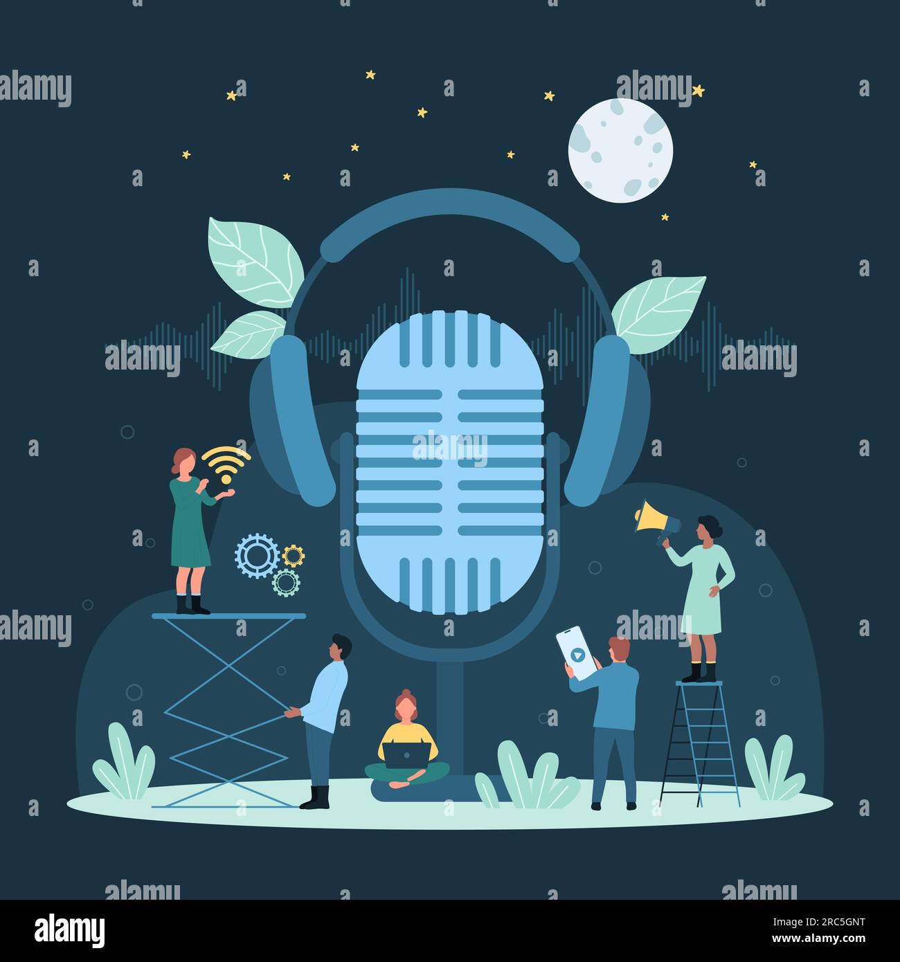 Cartoni animati le persone più piccole registrano l'audio con un grande microfono, ascoltano i messaggi vocali con le cuffie, i personaggi fanno talk show online con attrezzature moderne. Illustrazione vettoriale scuro podcast audio. Illustrazione Vettoriale