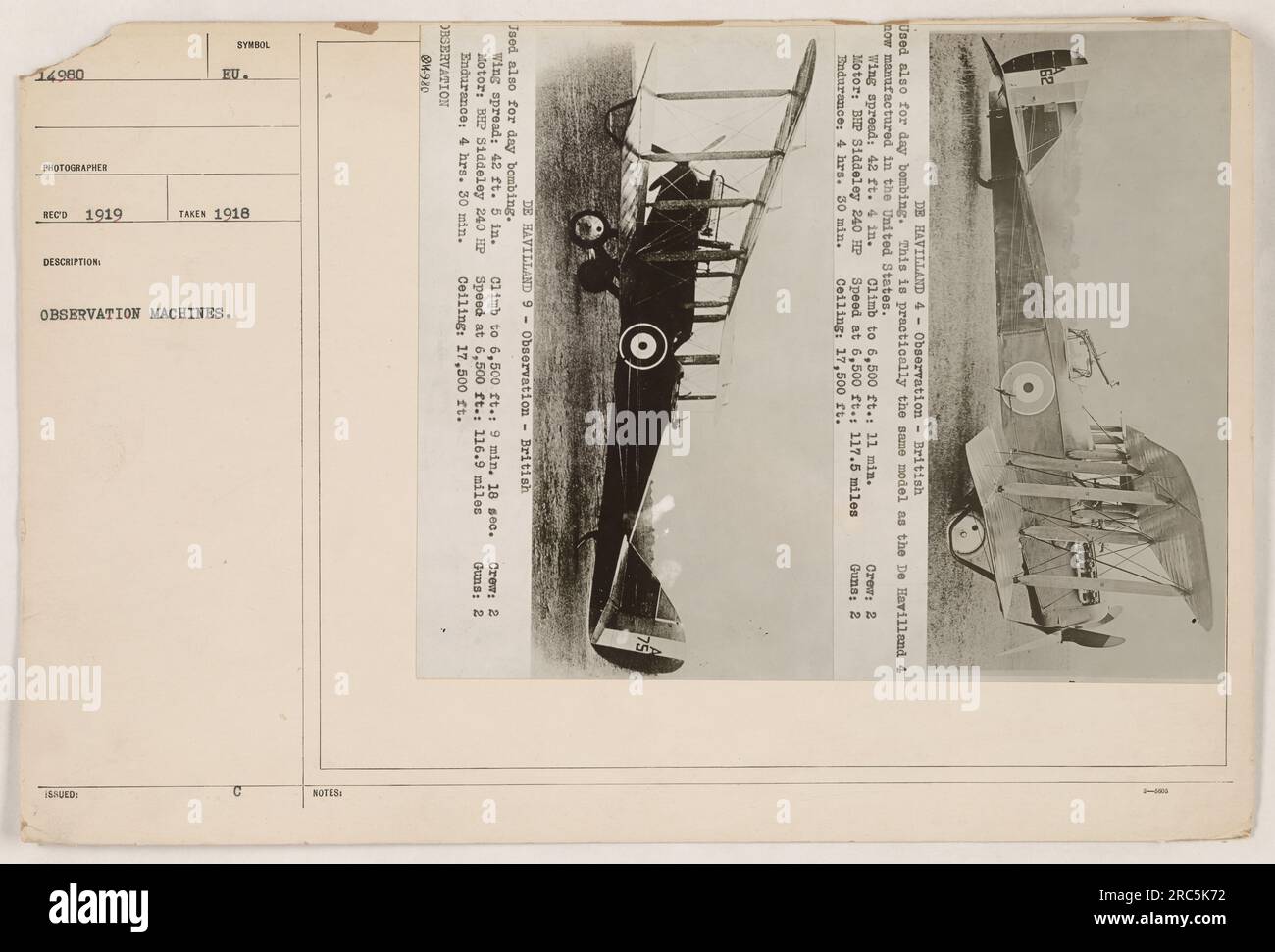 De Havilland 4 Observation - aereo britannico, simile al modello De Havilland 4 utilizzato dagli Stati Uniti. Prodotto con apertura alare di 42 ft. 4 poll., alimentato da un motore BHP Siddeley da 240 HP e con una durata di 4 ore. 30 min Utilizzato per bombardamenti giornalieri e missioni di osservazione. Scalata a 6.500 piedi in 11 minuti e aveva una velocità di 117,5 miglia a quell'altitudine. Aveva un soffitto di 17.500 piedi. Fotografia scattata nel 1918. Foto Stock