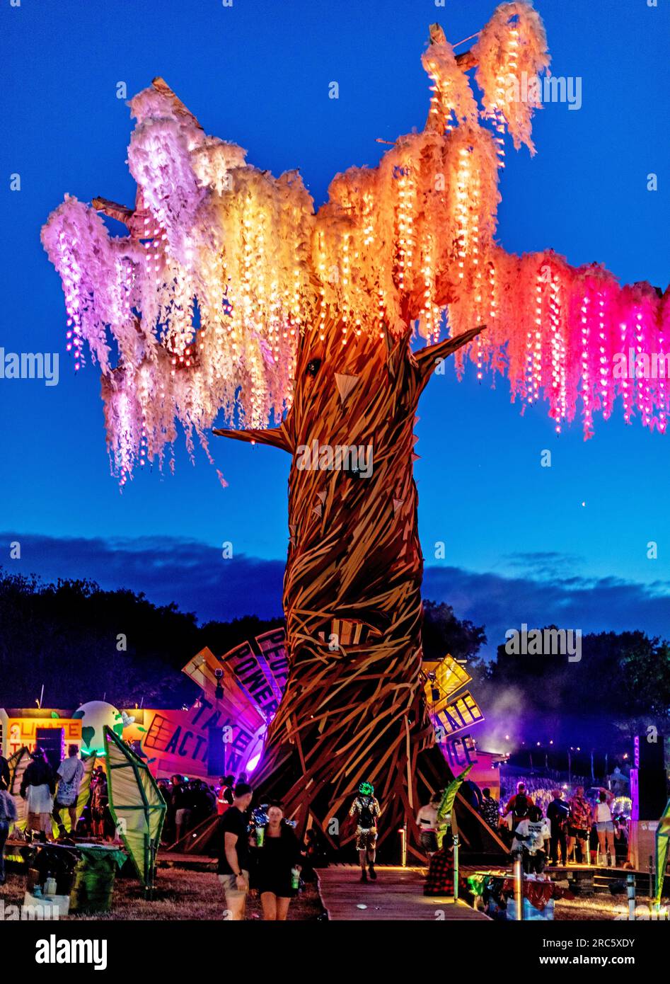 Illuminated Tree al Glastonbury Festival di notte nel Regno Unito Foto Stock