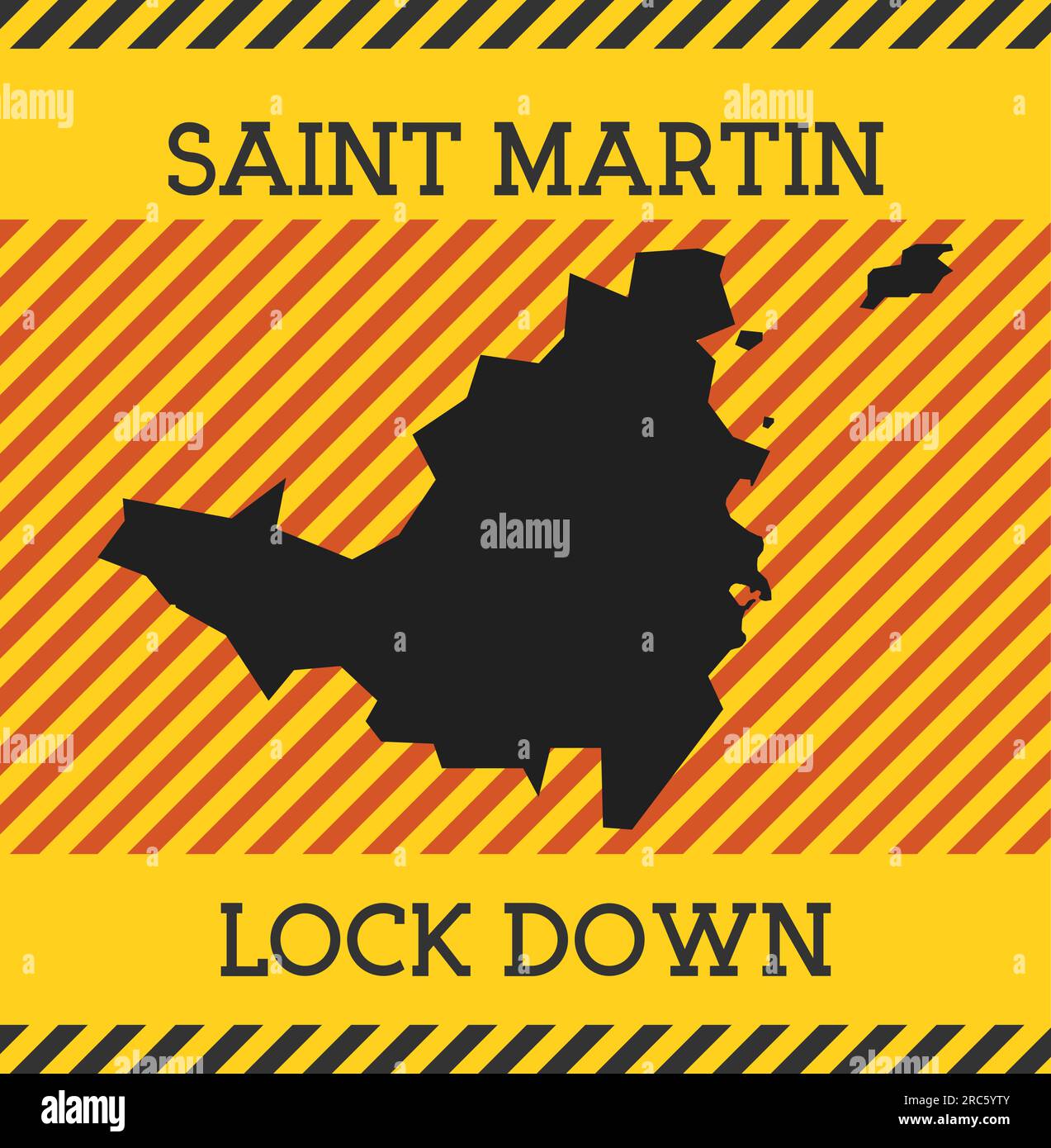 Cartello Saint Martin Lock Down. Icona gialla di pericolo pandemico dell'isola. Illustrazione vettoriale. Illustrazione Vettoriale