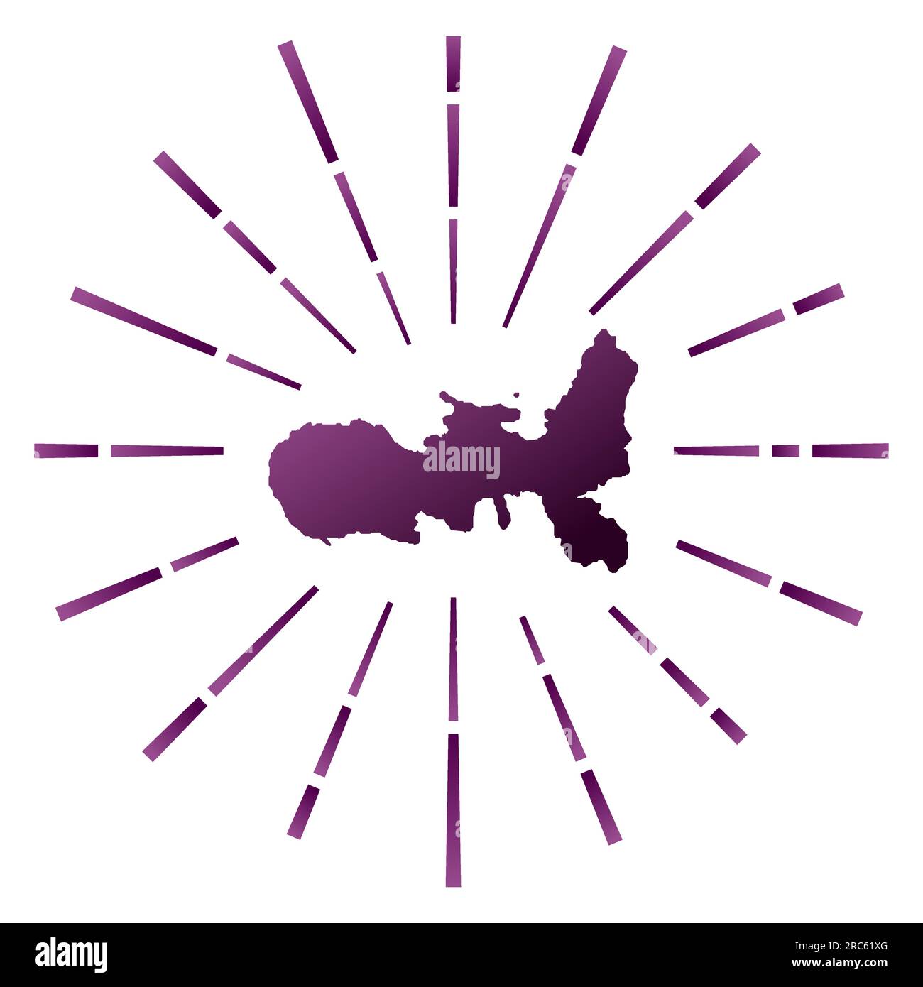 Scoppio di sole in pendenza all'Elba. Mappa dell'isola con raggi stellari colorati. Illustrazione dell'Elba in digitale, tecnologia, Internet, stile di rete. Illustrazione Vettoriale